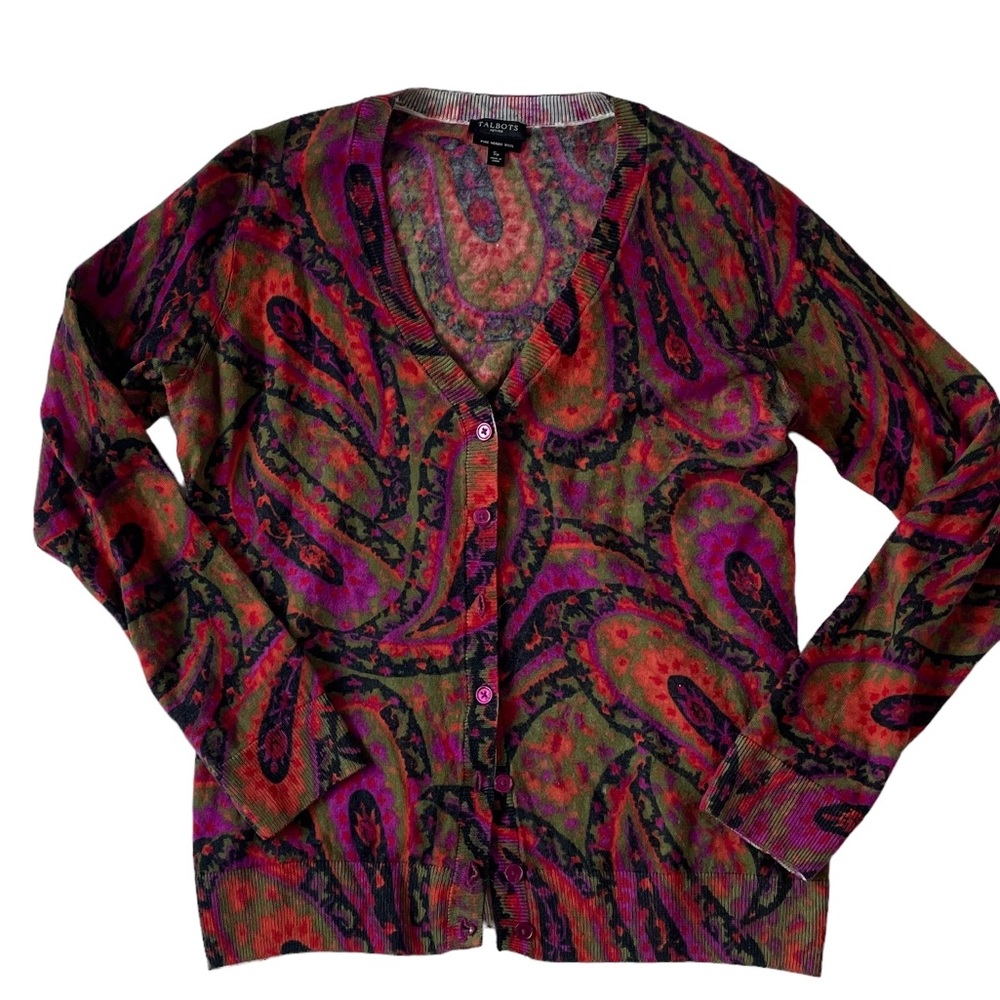 Talbot’s Colorful 100% Merino Wool Cardigan Sweater Petite Small